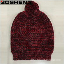 Women′s Winter Red Black Knitted Beanie Hat with POM